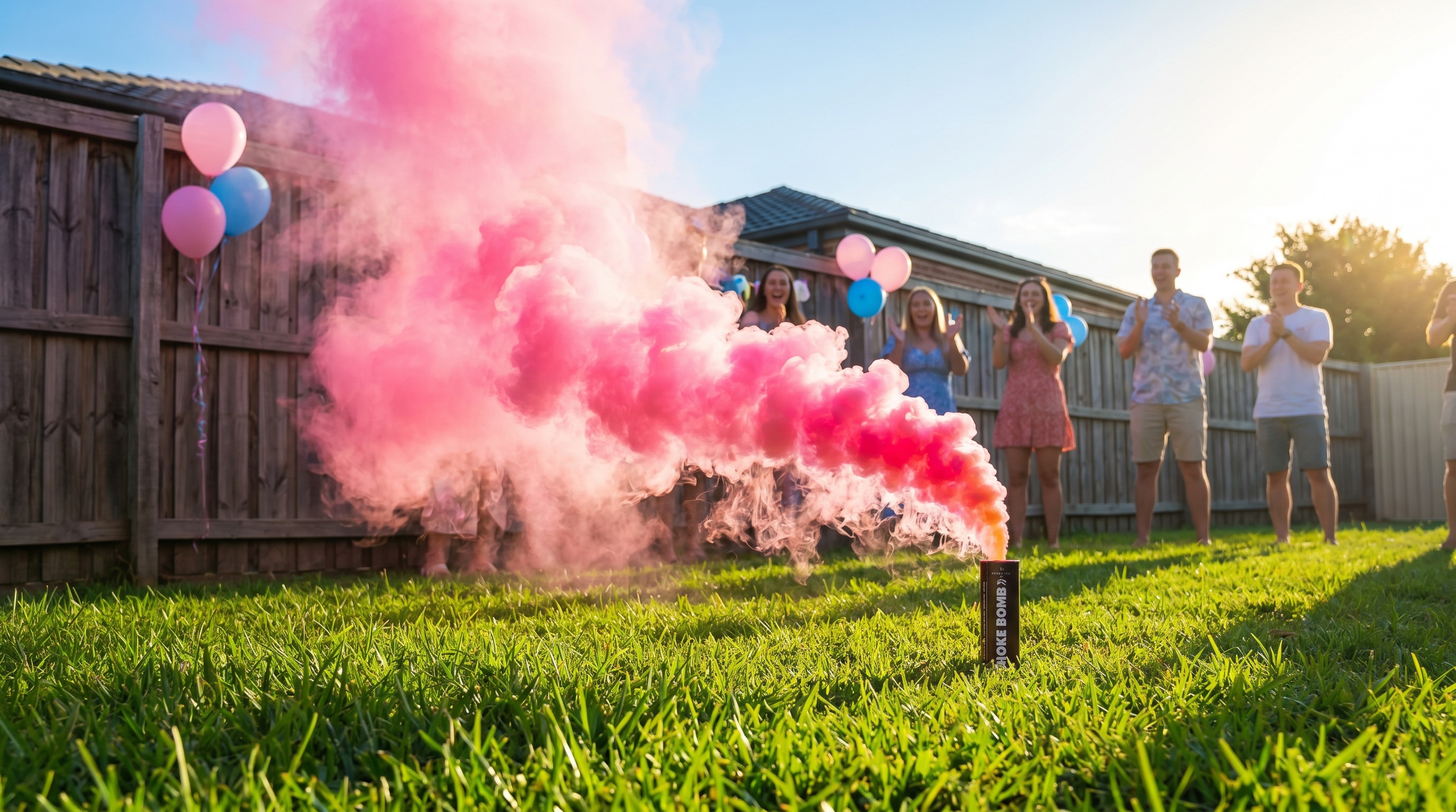 Gender reveal smoke bomb outdoor Australia pink smoke cloud in grassy backyard party setting