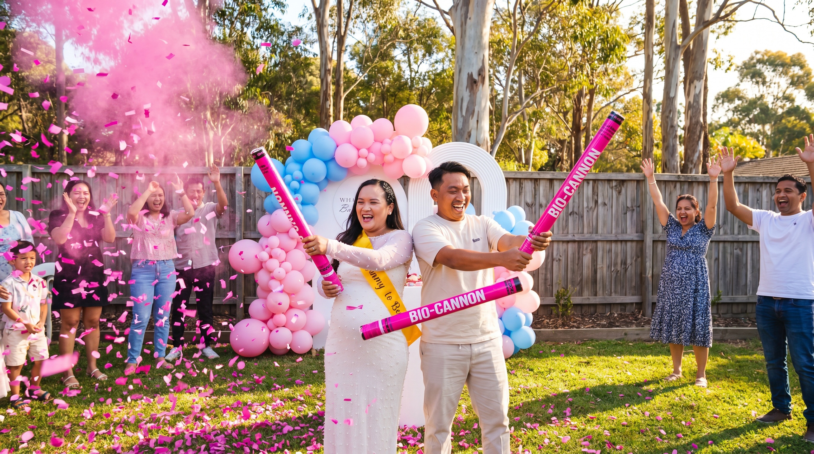Couple doing outdoor gender reveal cannon pop together in Australian backyard with confetti cloud