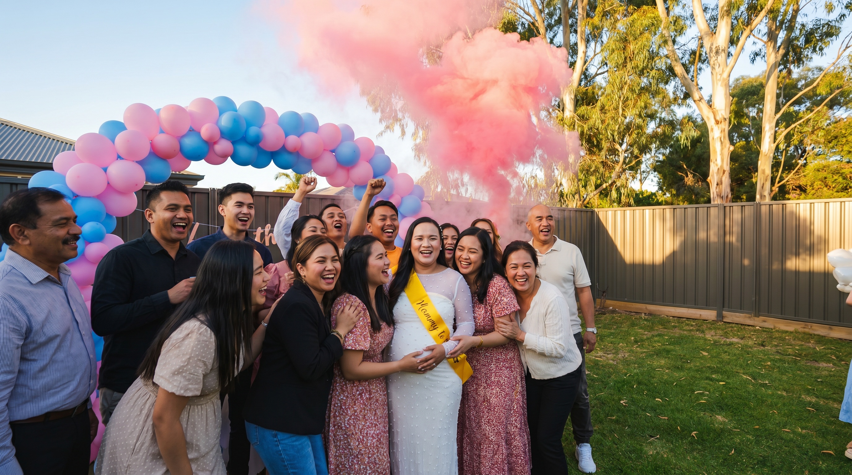 Happy Australian family outdoor gender reveal party with smoke and balloons in sunny backyard