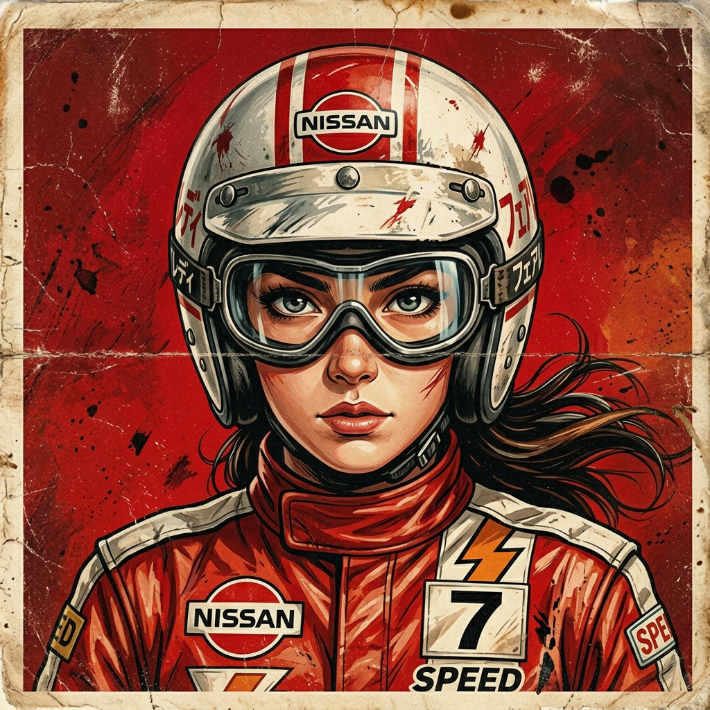 Vintage 70s Japanese racing poster with distressed effects