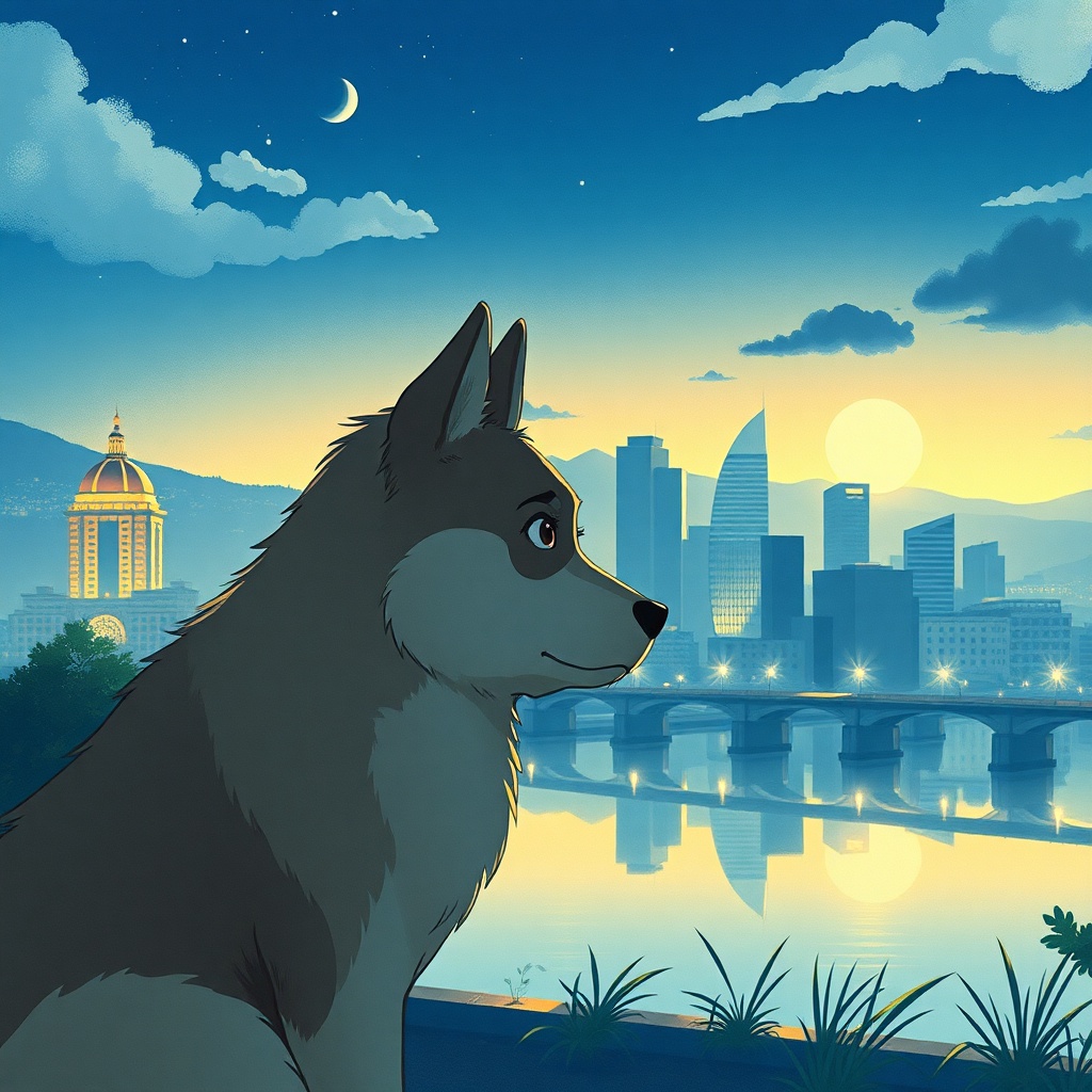 Crea una hermosa escena al estilo del anime de Studio Ghibli que incluya a un...