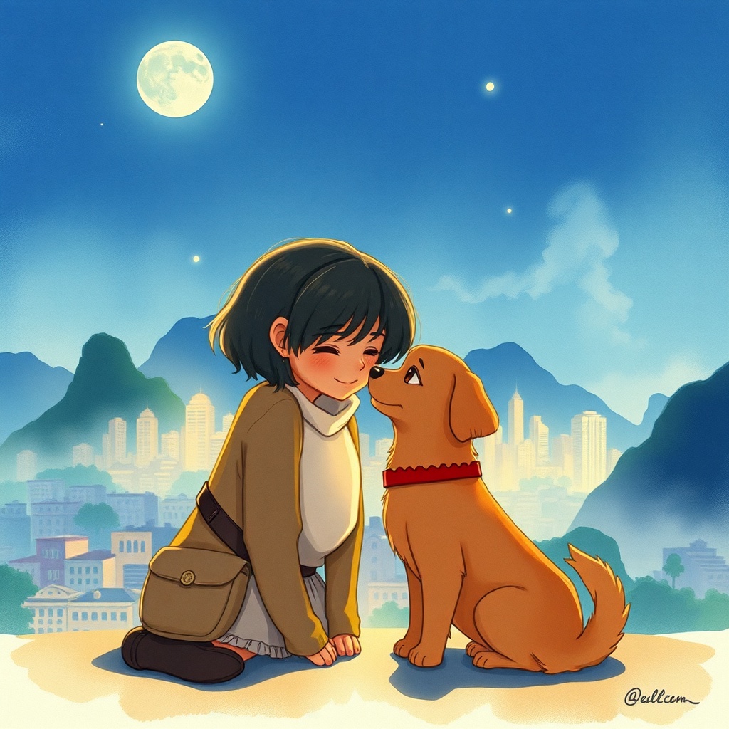 Crea una hermosa escena al estilo del anime de Studio Ghibli que incluya a un...