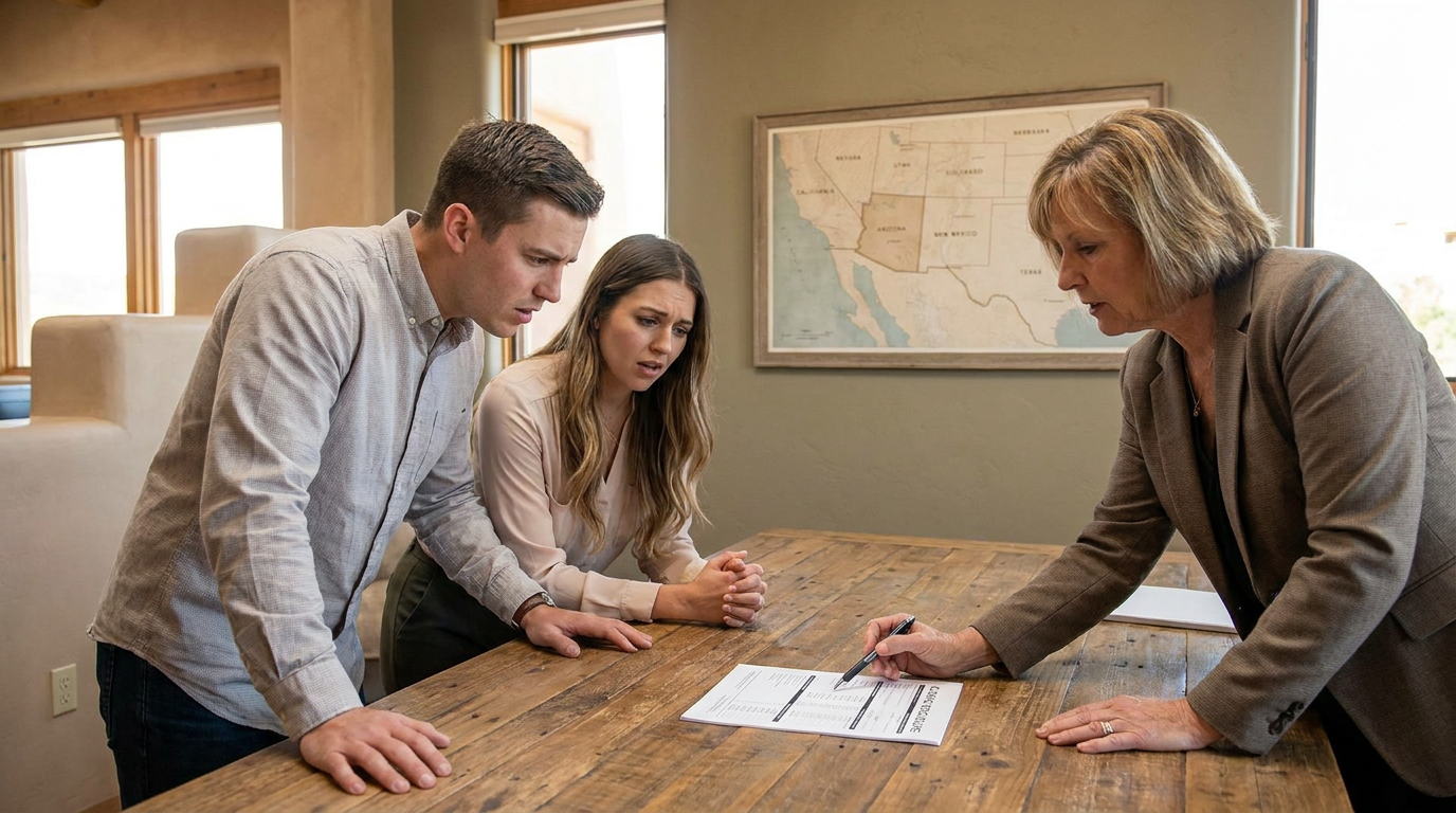 Young couple at a closing table in a Southwest-style title office, reviewing a final closing disclos