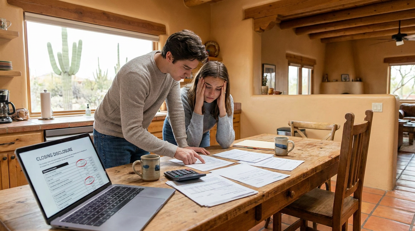 Young couple in their early 30s sitting at a kitchen table in a modest Southwestern-style home, anxi
