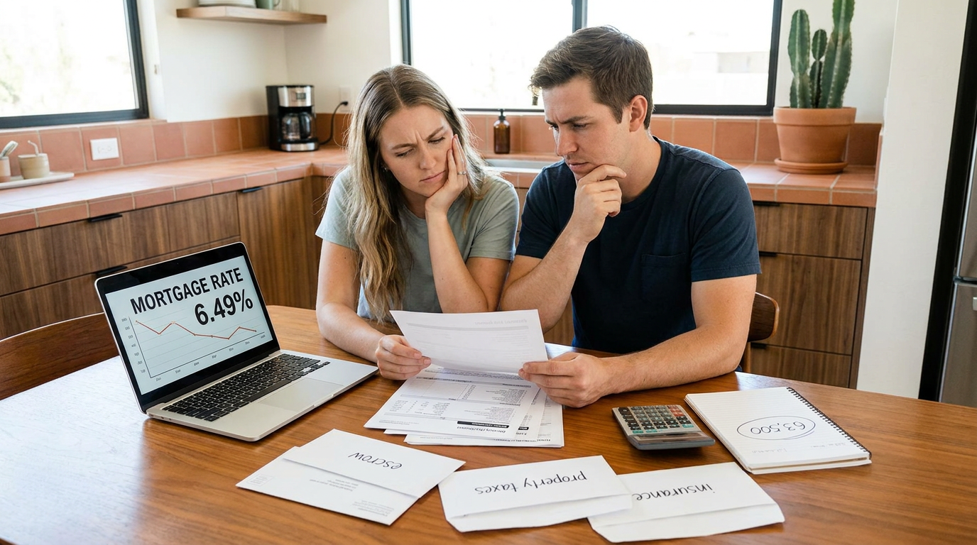 Young couple sitting at kitchen table with worried expressions, reviewing a closing disclosure and i