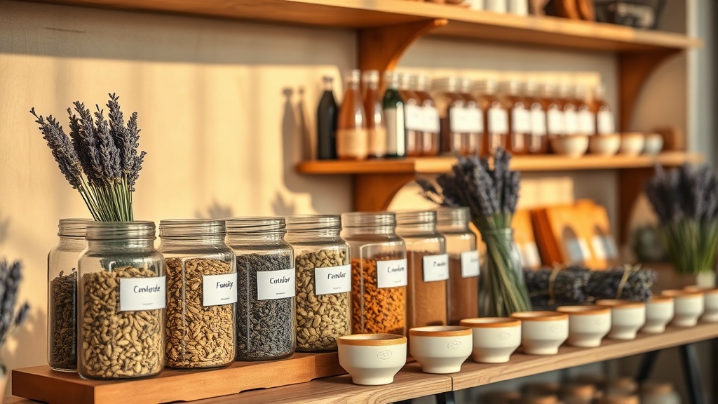 Étagère d'un salon de thé provençal avec thés en vrac en bocaux et lavande séchée