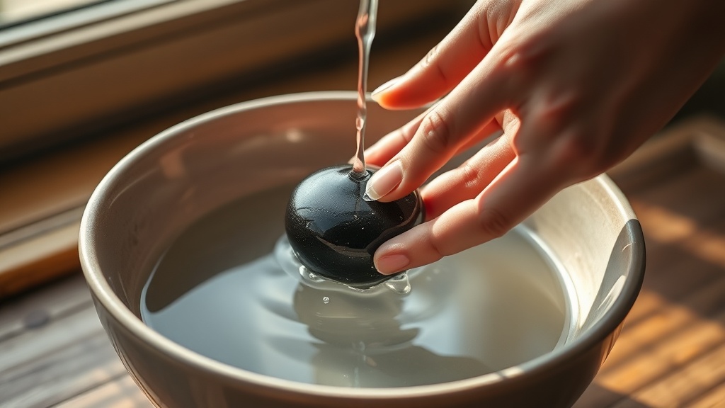 Hand rinsing a meditation crystal under running water over a ceramic bowl for cleansing ritual
