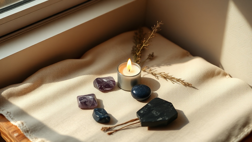 Small meditation altar with amethyst, lapis lazuli, and black tourmaline stones arranged around a candle