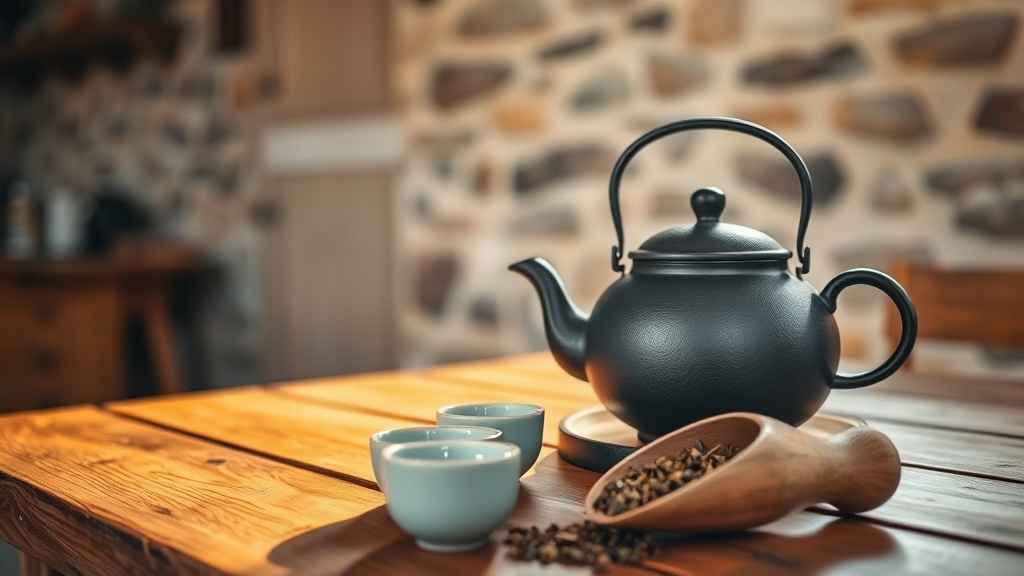 Théière en fonte japonaise posée sur une table en bois dans un salon de thé avec murs en pierre