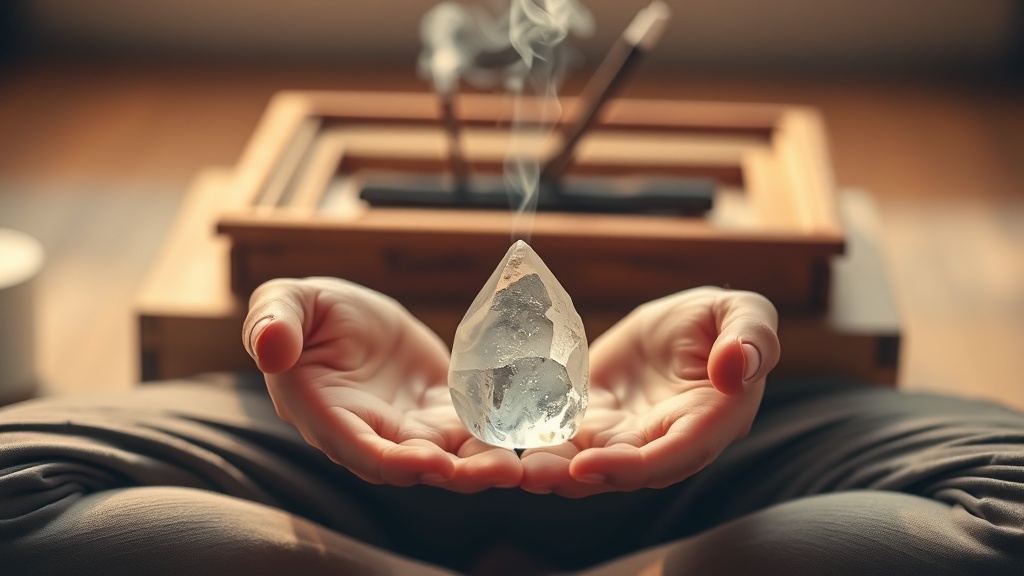 Hands in meditation mudra holding a polished clear quartz crystal during sitting practice