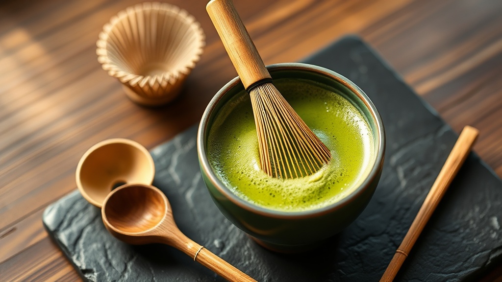 Bol de matcha cérémoniel avec chasen en bambou et cuillère chashaku sur ardoise sombre