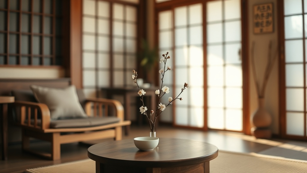 Intérieur épuré d'un salon de thé japonais en France avec tasses en céramique et fleur de cerisier
