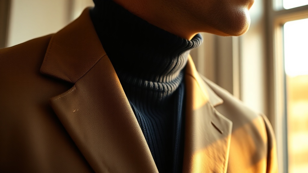 Fine-knit navy turtleneck layered under a camel wool single-breasted blazer, fabric detail close-up