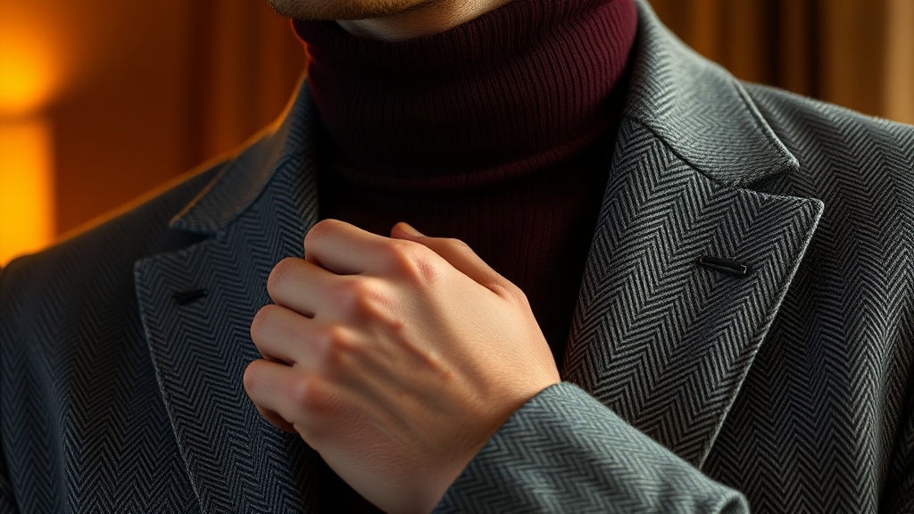 Hands adjusting burgundy turtleneck collar under a grey herringbone blazer lapel