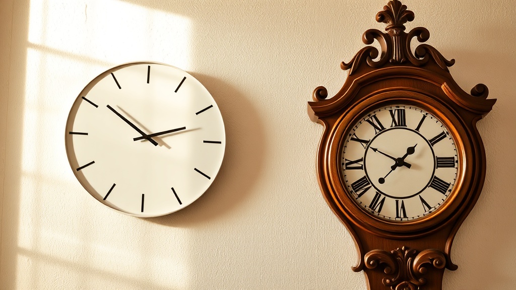 Side-by-side comparison of a minimalist white wall clock and an ornate decorative wooden wall clock on a plaster wall