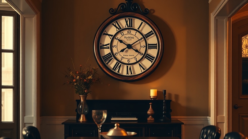 Decorative wood and metal wall clock with Roman numerals above a dark console table in a European-style interior