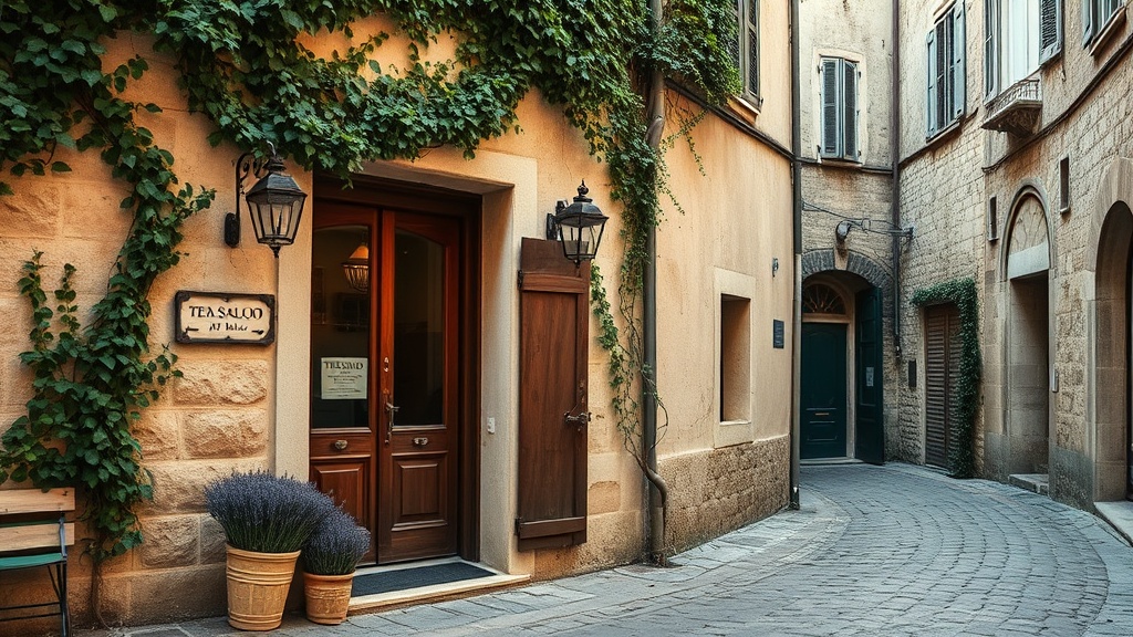 Ruelle pavée d'Avignon intra-muros avec l'entrée d'un salon de thé provençal