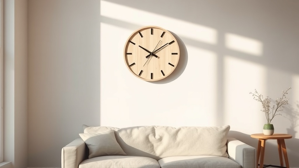 Minimalist pale birch wall clock in a calm Scandinavian living room with white walls and linen sofa
