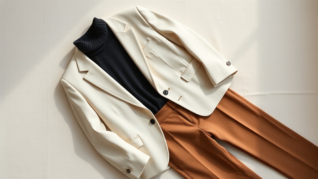 Flat lay of charcoal turtleneck, ivory blazer, and camel wool trousers arranged for a monochrome outfit