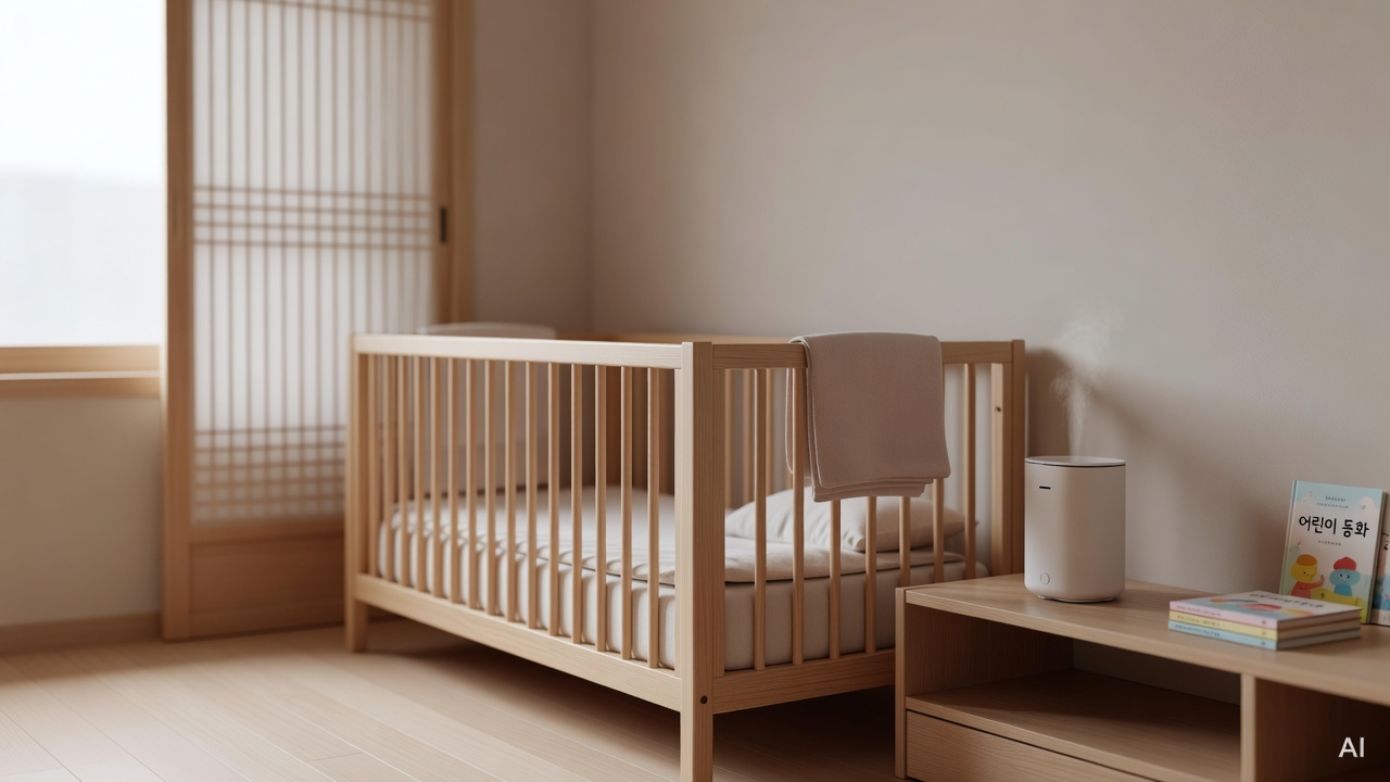 a neatly arranged baby room with a crib, soft lighting, and a small humidifier on a wooden shelf