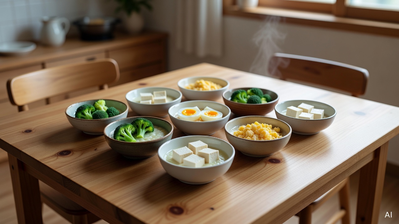 a wooden dining table with small bowls of baby-friendly food including broccoli, egg, and tofu, seen from above