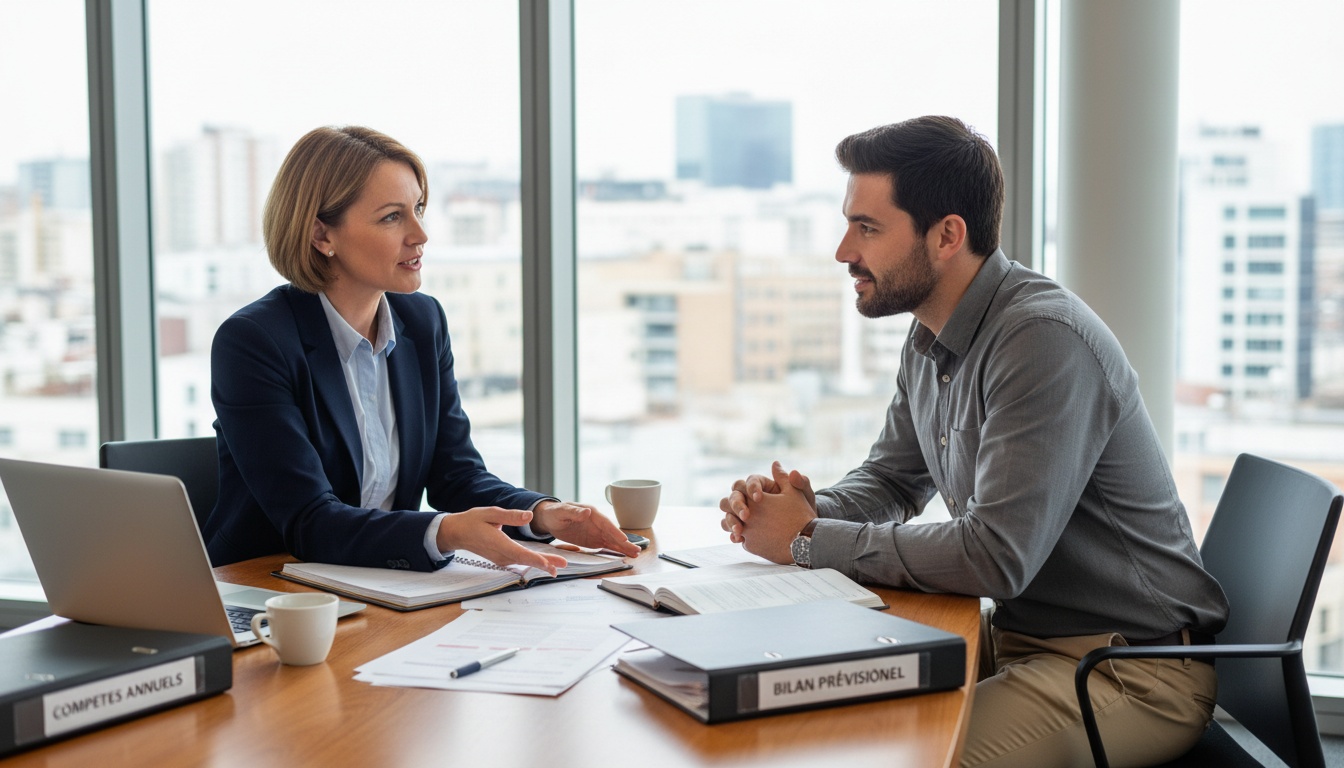 Expert-comptable conseillant un dirigeant de PME sur les obligations légales dont le DUERP lors d'un rendez-vous professionnel