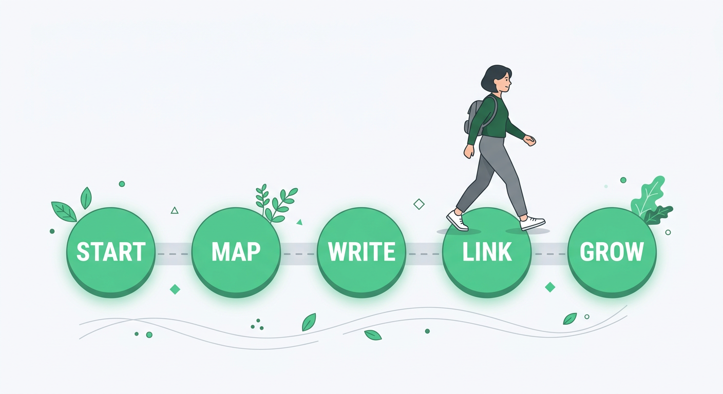 Clean minimalist process illustration showing one person walking along connected stepping stones labeled START, MAP, WRITE...