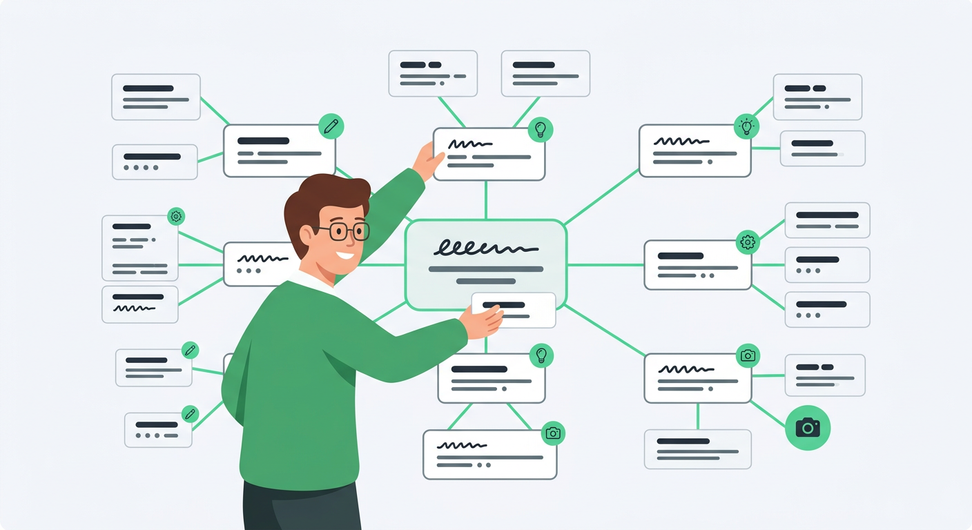 Minimal flat vector illustration of one website owner organizing content blocks into a clean topic cluster map, #F7F8FB ba...