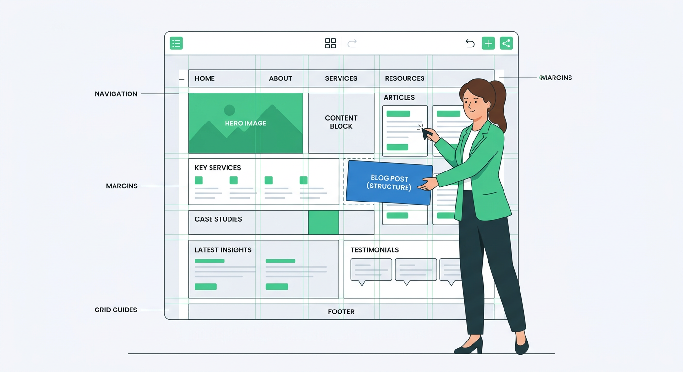 Clean flat vector-style illustration of one content strategist placing structured blocks into a neat webpage layout, #F7F8...