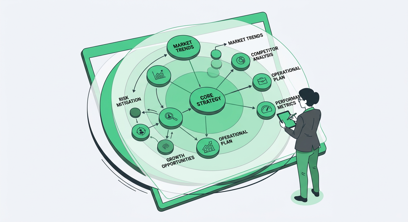 Clean flat vector illustration of one strategist viewing a layered topic map with connected nodes, solid #F7F8FB backgroun...
