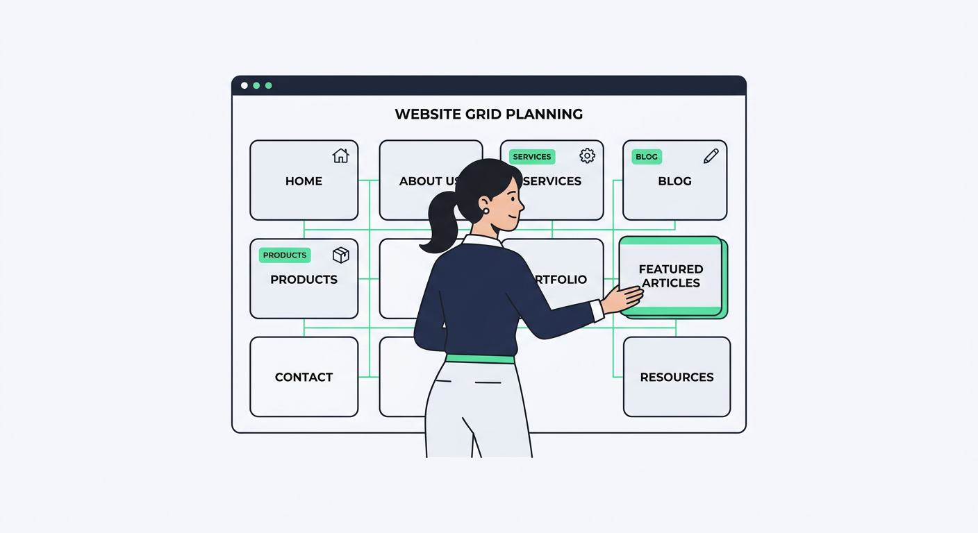 Minimal flat vector illustration of one website owner arranging labeled content cards into a clean connected grid, solid #...