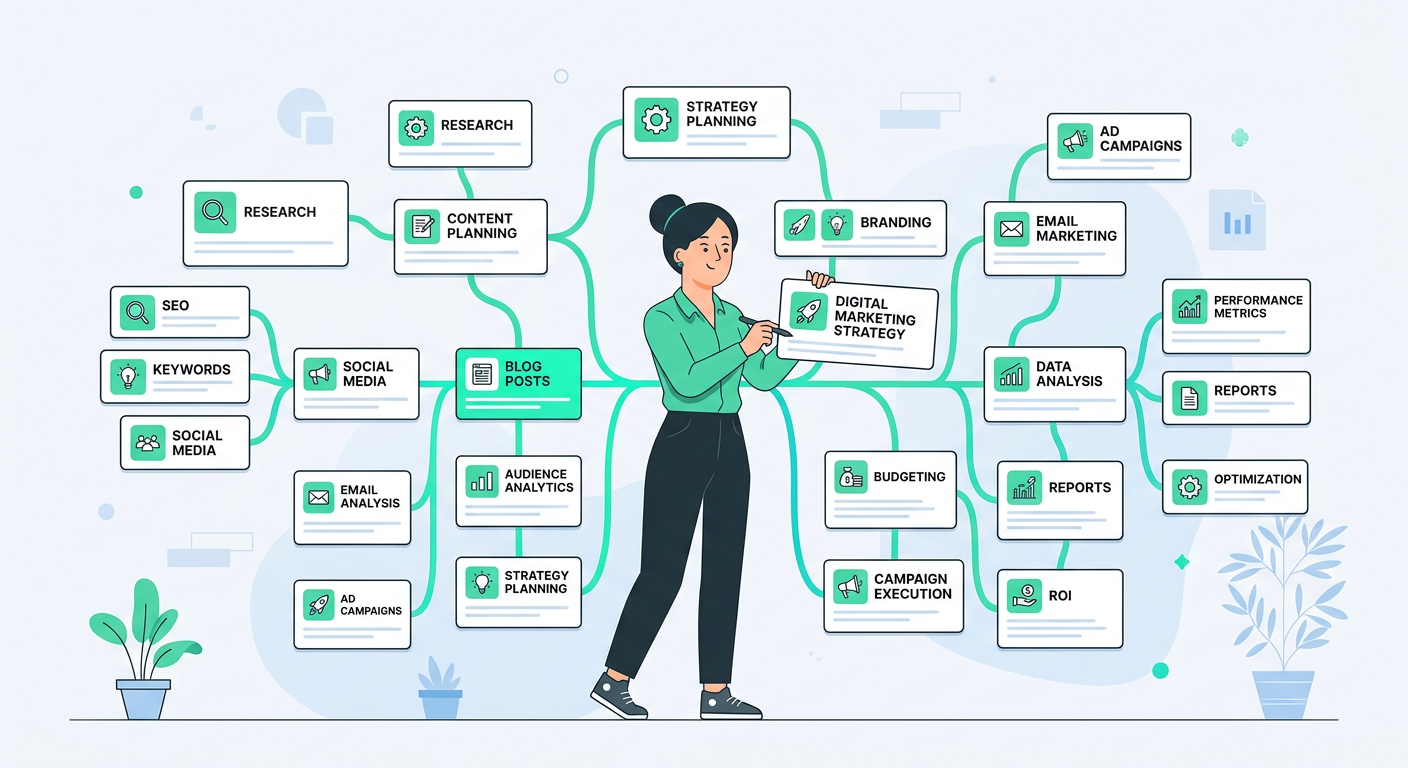 Modern flat vector illustration of one person arranging connected content cards into a topic map, clean #F7F8FB background...