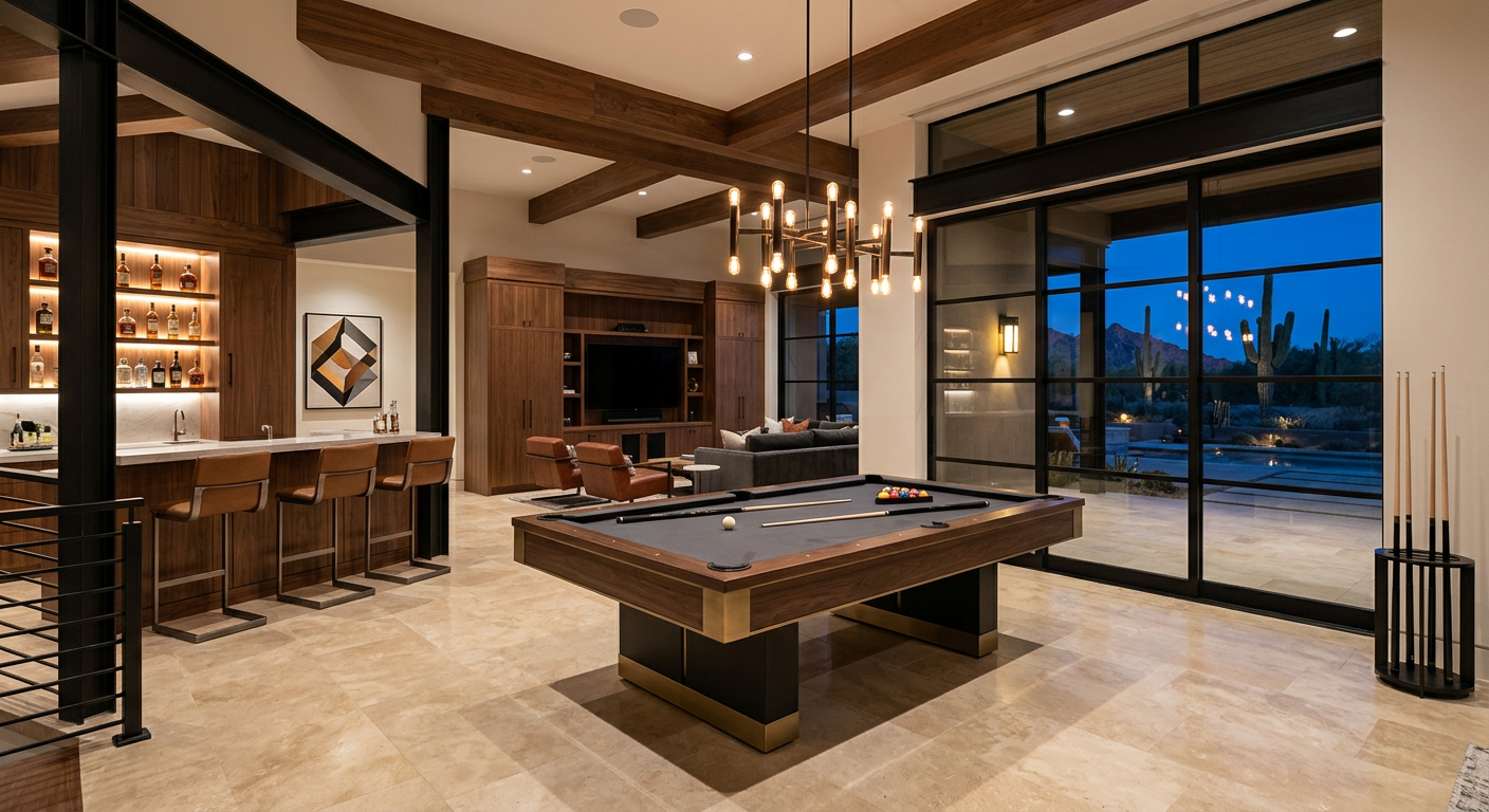 Custom Pool Tables Price in Scottsdale: Luxury Cost Guide 2026 | Luxury Custom Pool Tables | Brilliant Billiards Editorial interior design photograph of a Scottsdale luxury game room with a modern cantilever pool table, tan limestone f...