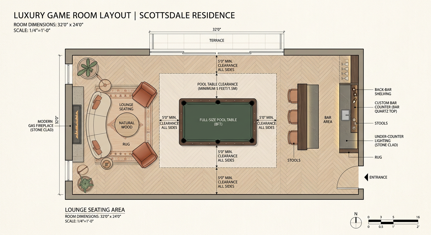 Custom Pool Tables Price in Scottsdale: Luxury Cost Guide 2026 | Luxury Custom Pool Tables | Brilliant Billiards Minimalist overhead design visualization of a luxury game room layout with pool table clearance zones, lounge seating, bar...