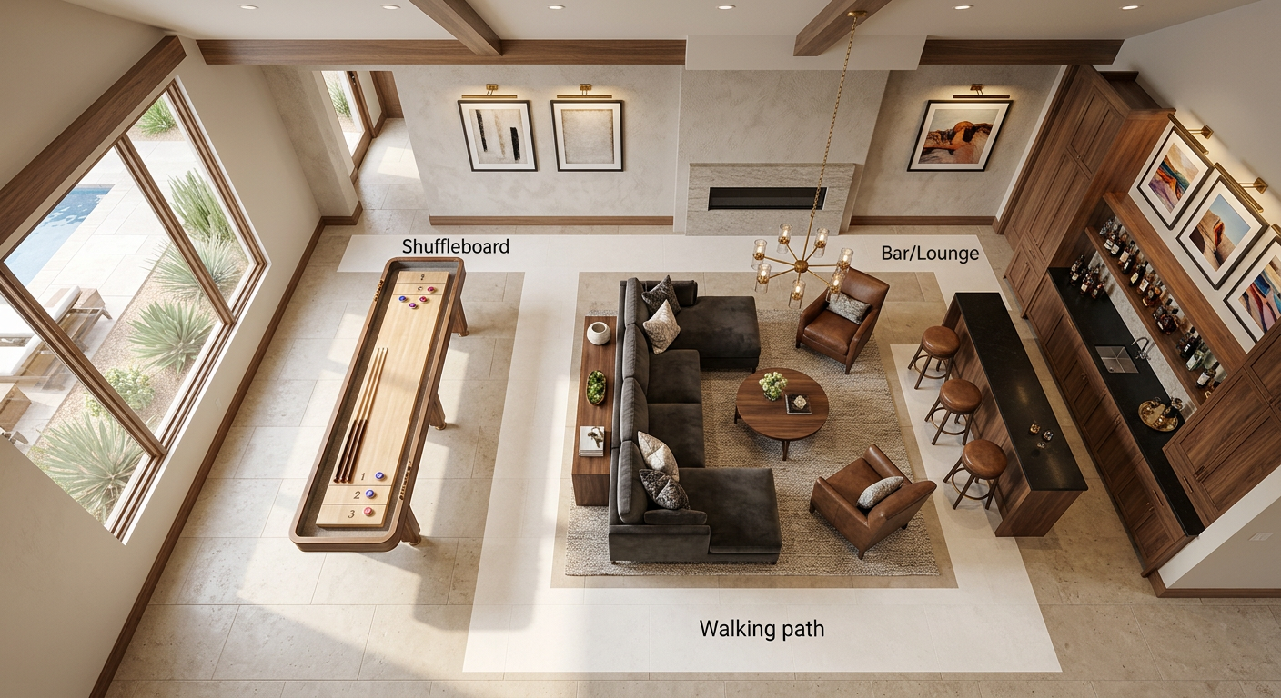 High End Custom Shuffleboard Tables for Scottsdale Luxury Estates | Luxury Custom Pool Tables | Brilliant Billiards Overhead photorealistic layout of a Scottsdale luxury game room with a custom shuffleboard table, lounge seating, bar wall...