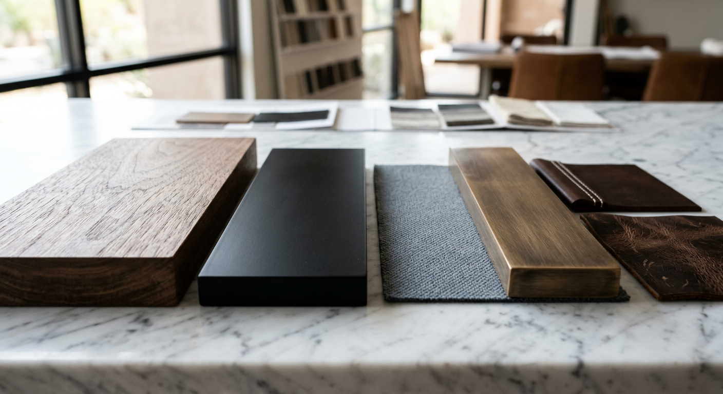 Designer Billiard Table Custom Finishes in Scottsdale Estates | Luxury Custom Pool Tables | Brilliant Billiards Close-up photorealistic image of luxury billiard table finish samples including walnut, matte black lacquer, brushed bronz...