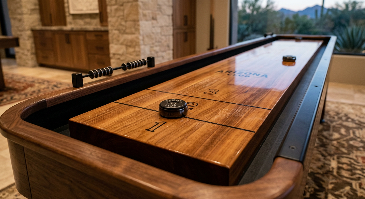 High End Custom Shuffleboard Tables for Scottsdale Luxury Estates | Luxury Custom Pool Tables | Brilliant Billiards Close-up photorealistic detail of a luxury shuffleboard playfield with polished wood grain, precision scoring lines, black...