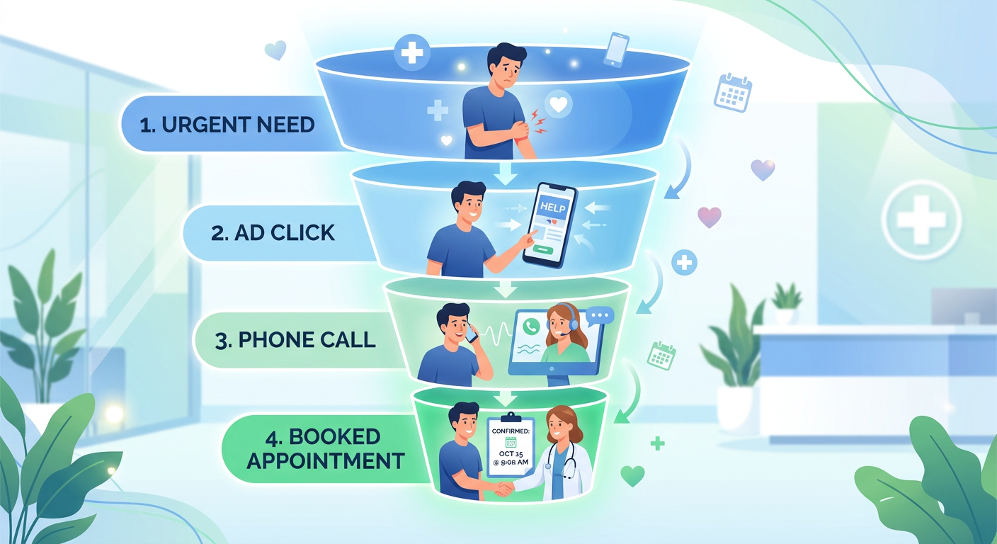 How to Get Patients From Google Ads Without Wasting Spend Today 1 Modern illustration of a patient journey funnel from urgent need to ad click to phone call to booked appointment, clean he...