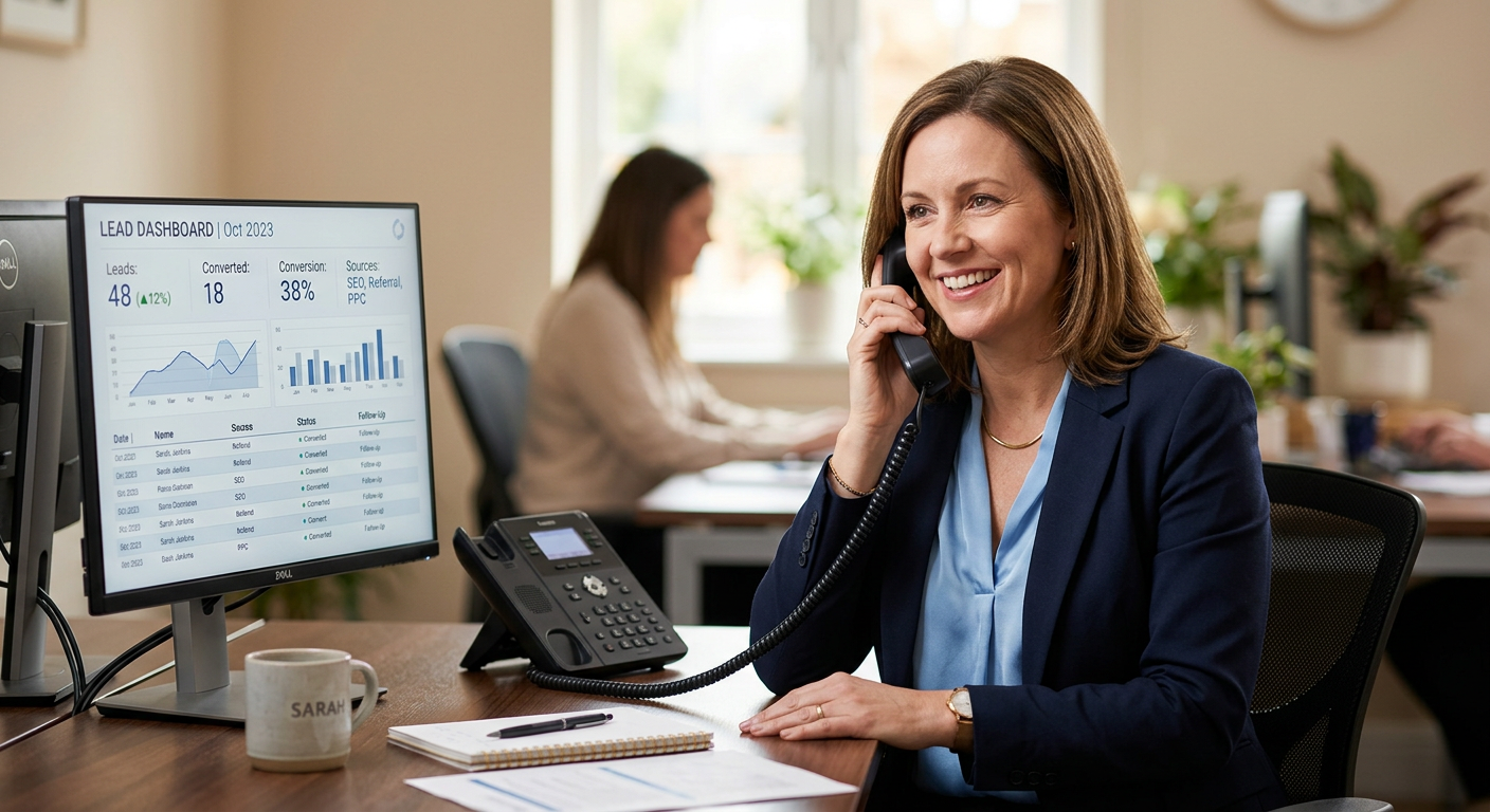 Photorealistic close-up of a service business owner answering a phone call beside a simple lead dashboard, professional of...
