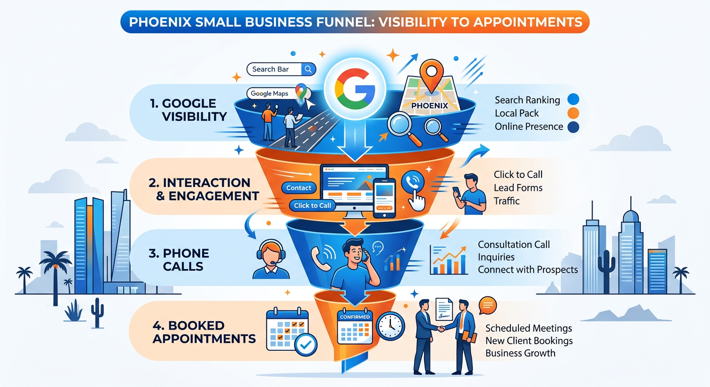 Modern illustrative scene showing a Phoenix small business funnel from Google visibility to phone calls and booked appoint...