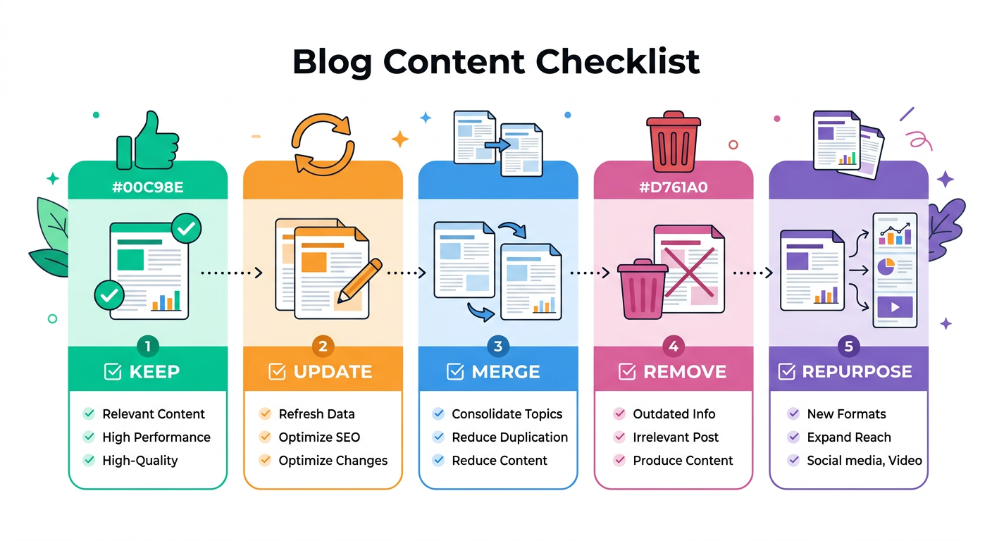 Clean in-content checklist illustration showing blog pages moving through five labeled stages: Keep, Update, Merge, Remove...