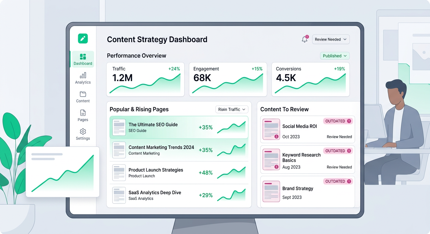 Modern editorial illustration of a content dashboard with highlighted pages, rising green traffic lines, and small warning...