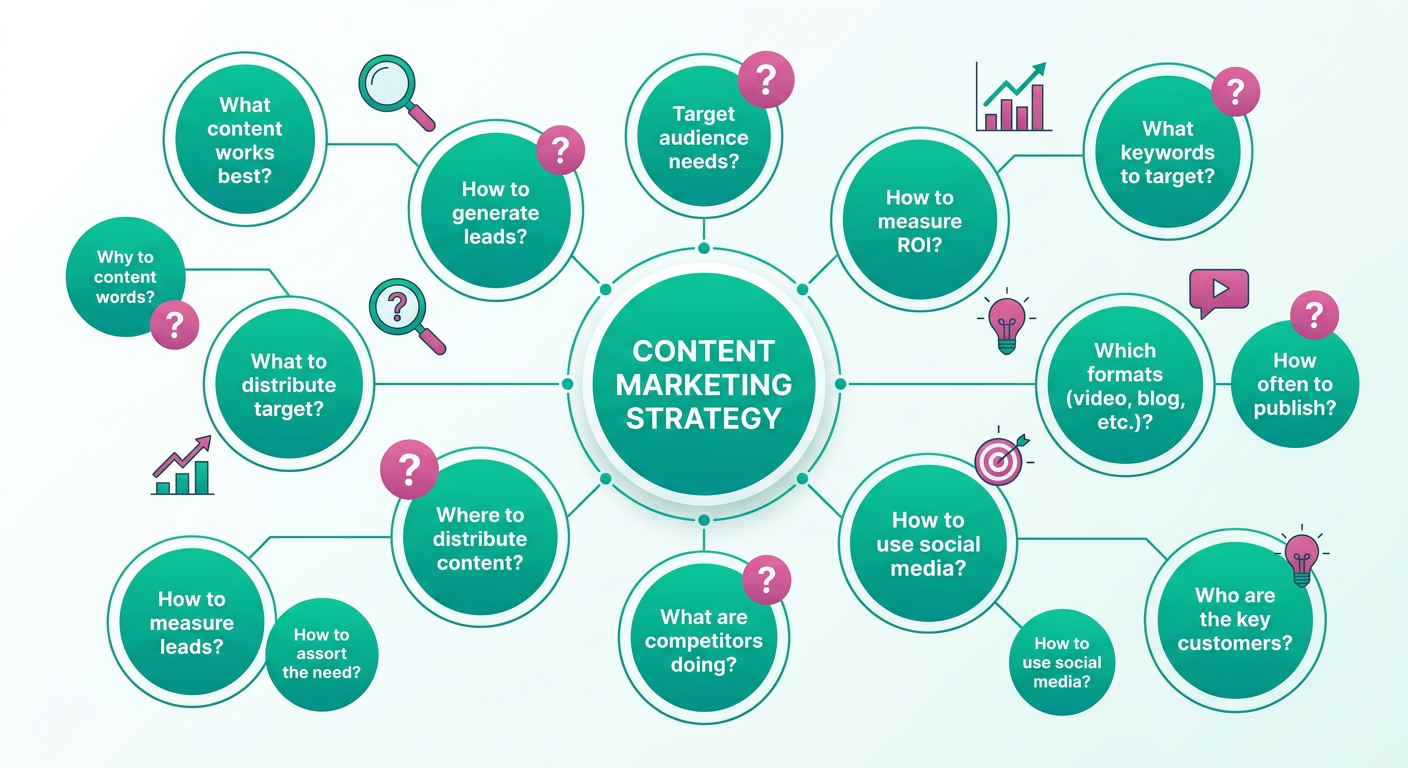 Clean in-content illustration of a keyword map spreading from one central topic into smaller question bubbles, modern flat...