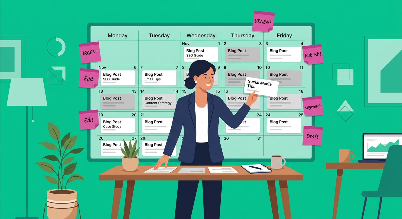 Modern flat illustration of one marketer arranging blog post cards into a simple content calendar, clean office-inspired a...
