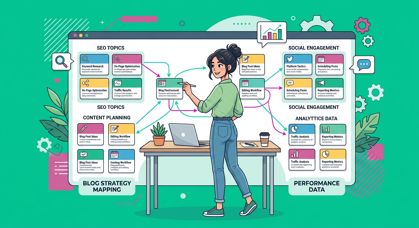 Clean process-style illustration showing one person connecting blog cards with thin lines between topic clusters, modern f...