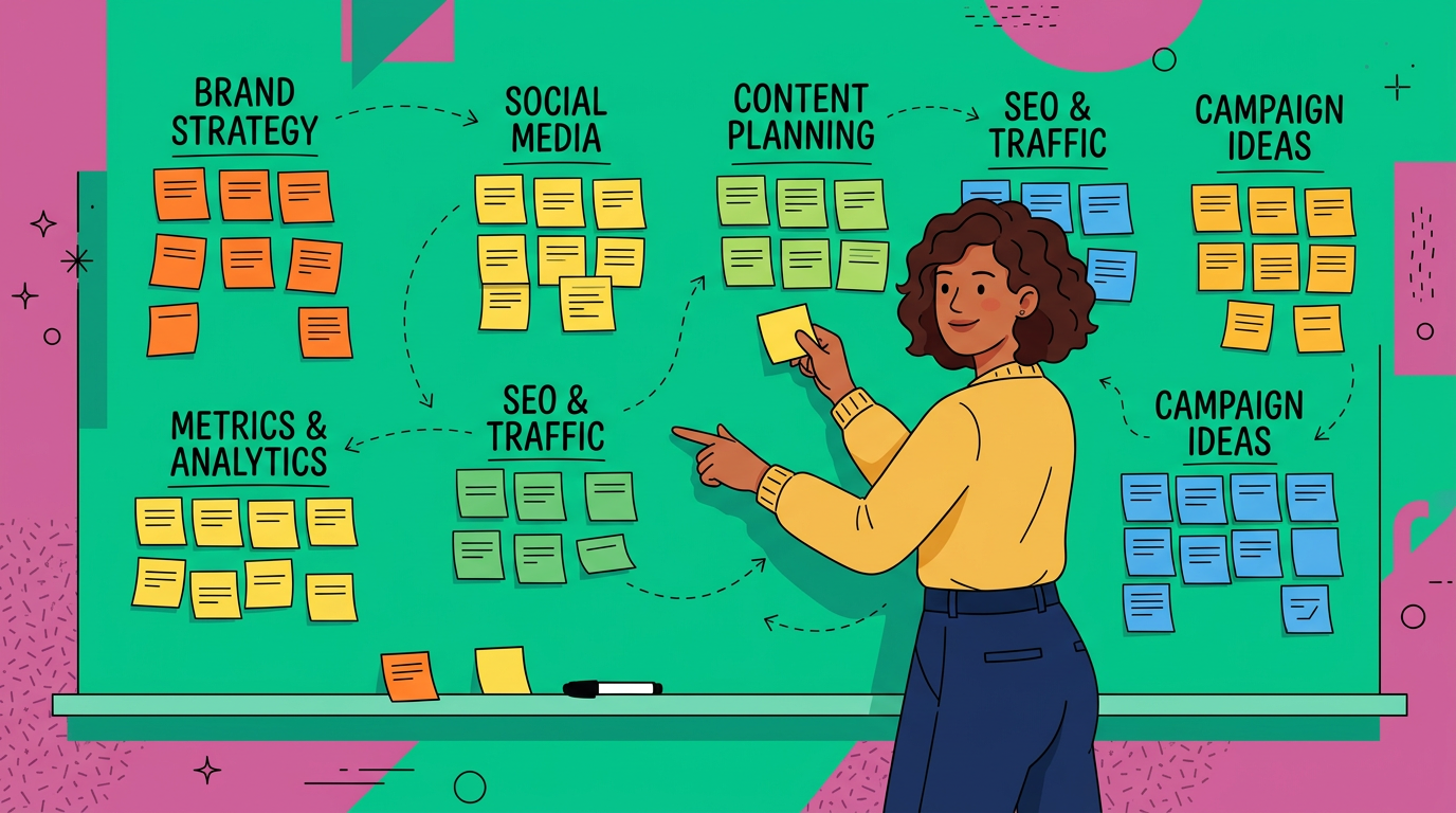Modern editorial illustration of one marketer organizing sticky notes into grouped topic clusters on a wall, flat cartoon ...