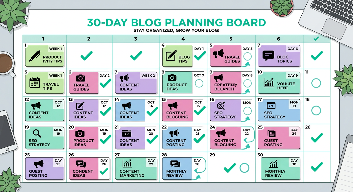 Clean in-content illustration of a simple 30-day blog planning board with topic cards, checkmarks, and publishing dates, m...