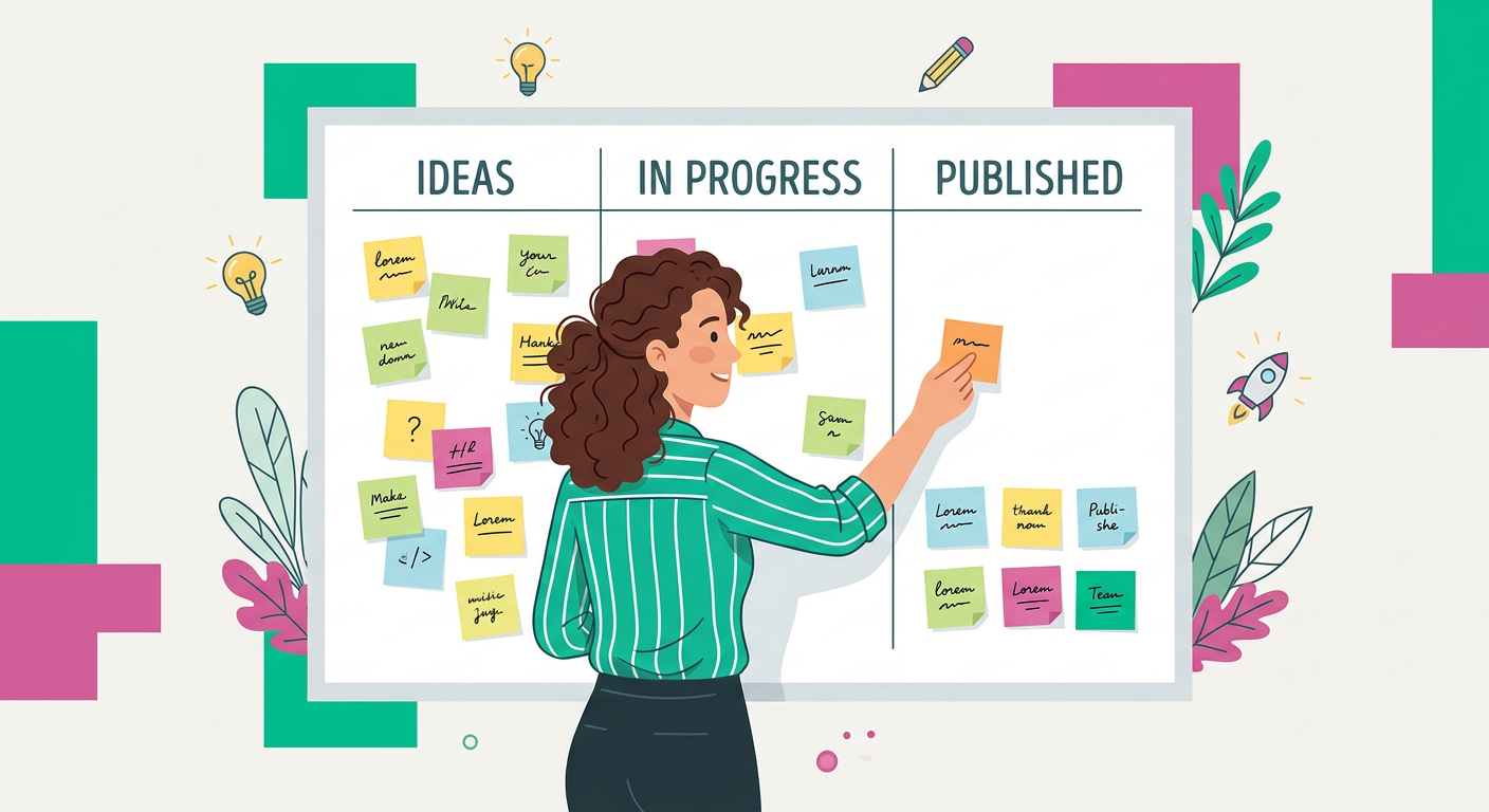 Modern illustrative scene of one creator moving sticky notes from idea to published columns on a clean wall board, profess...