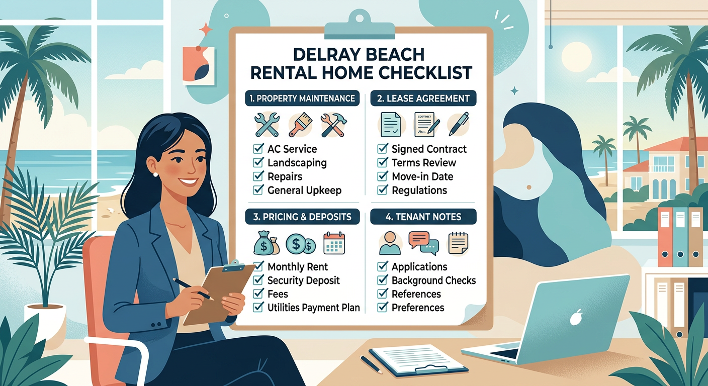 Modern editorial illustration of a Delray Beach rental home checklist with a property manager reviewing maintenance, lease...