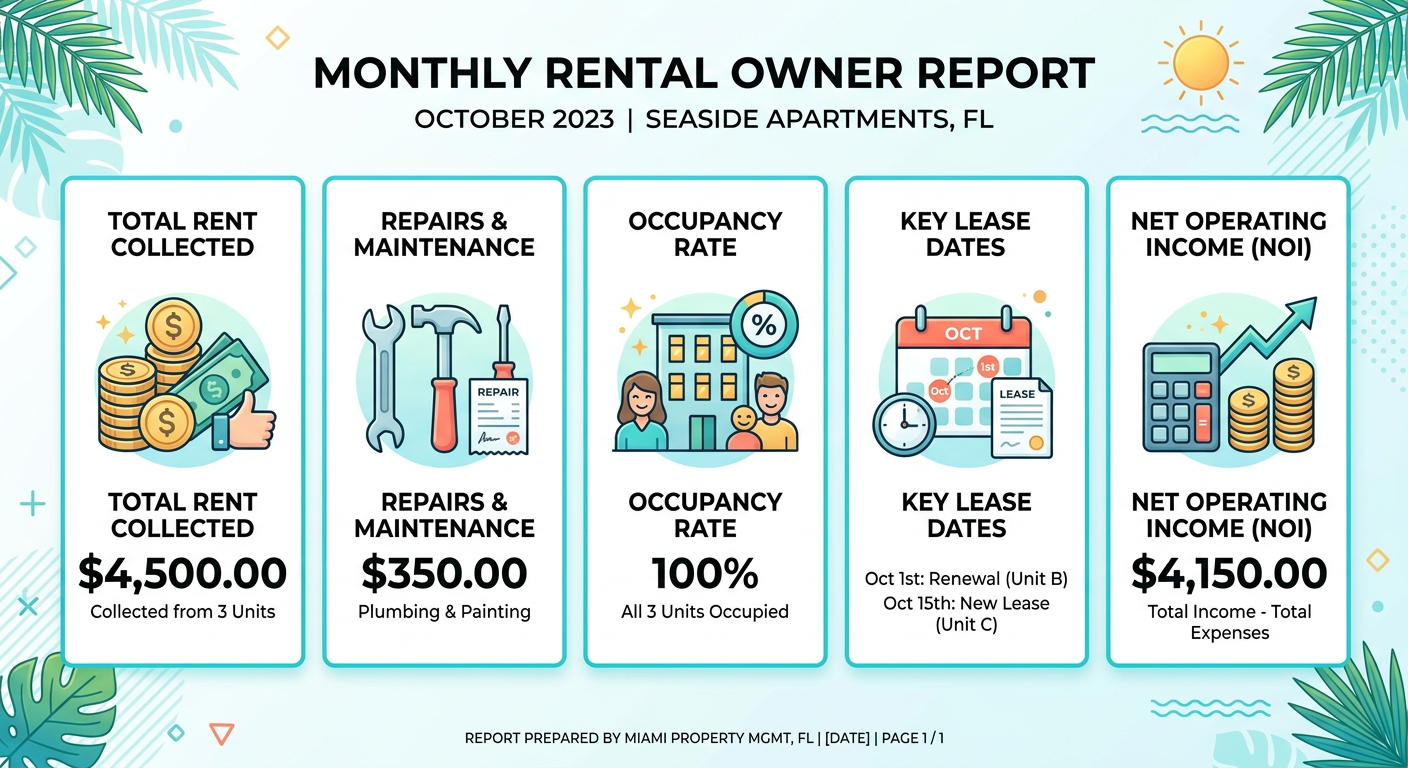 Clean infographic-style visual of a monthly rental owner report with simple icons for rent, repairs, occupancy, lease date...